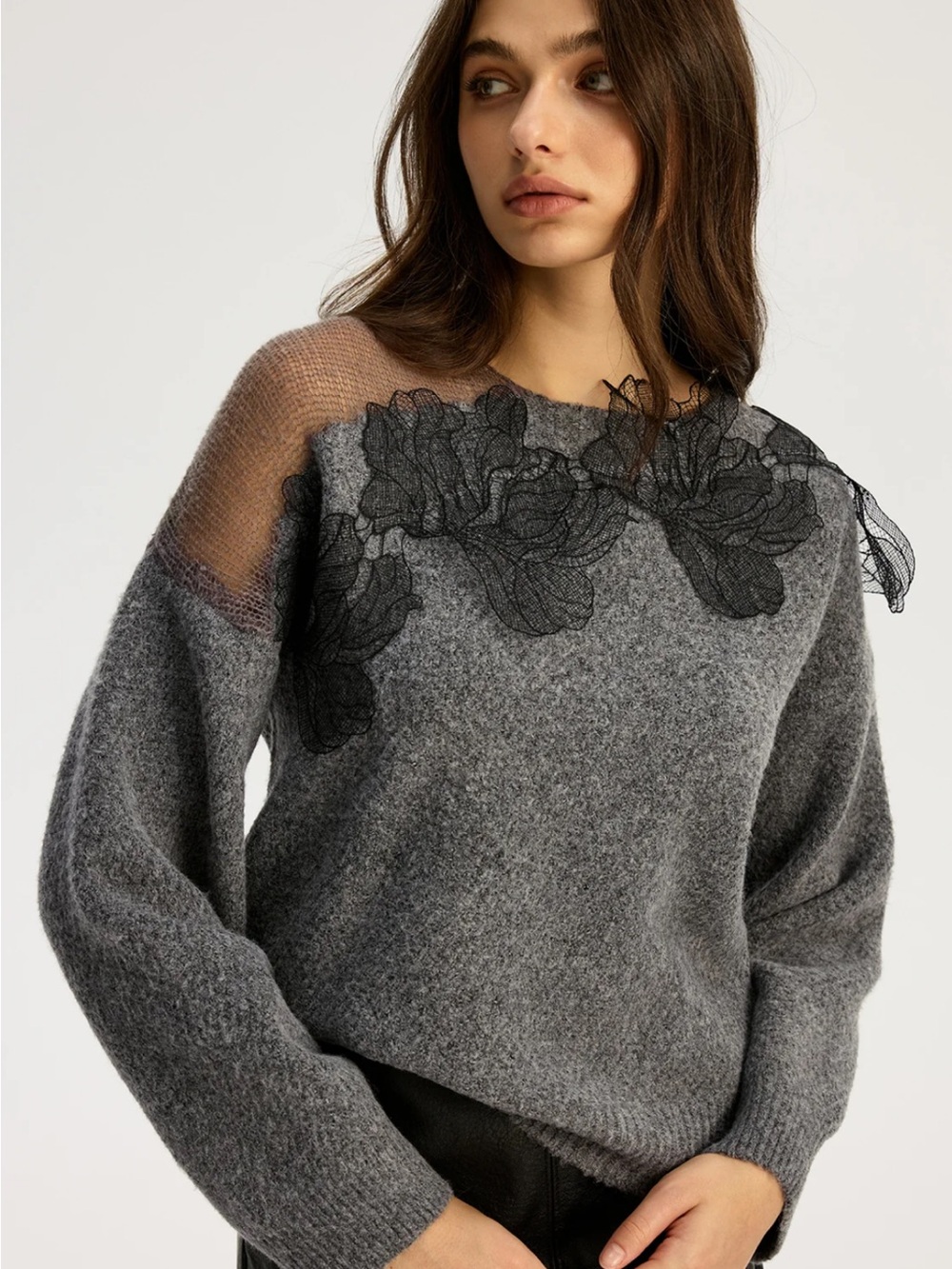 Commense Gray Crewneck Sweater with Black Floral Lace